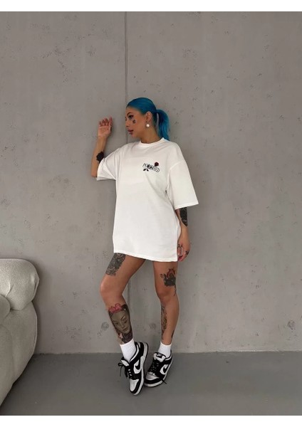 Unisex Bisiklet Yaka Baskılı Oversize T-Shirt - Beyaz fiyatları