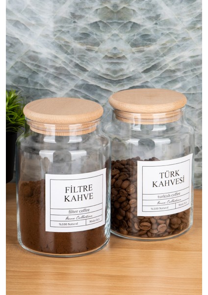 Moda Ozy 2li 800ML Ahşap Kapaklı Filtre Kahve &türk Kahvesi Kavanozu Vakumlu Saklama Kabı (Etiket Dahildir)