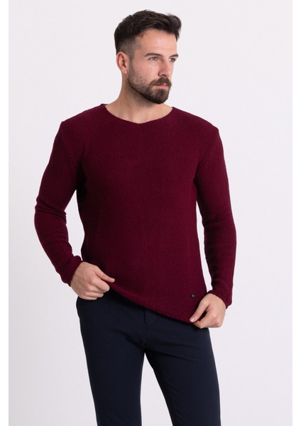 Bordo Rengi Slim Fit Bisiklet Yaka Lase Erkek Kazak