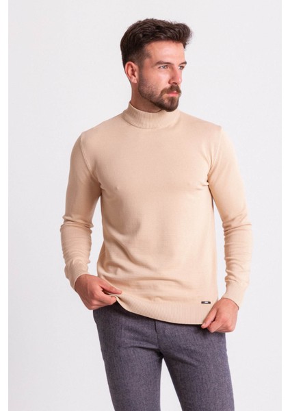 Düz Bej Rengi Slim Fit Erkek Yarım Balıkçı Yaka Kazak fiyatları