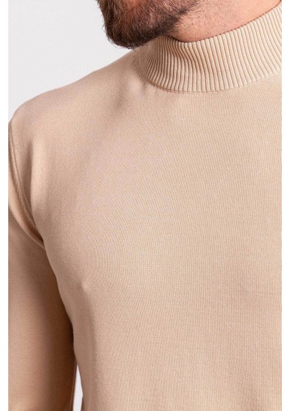 Düz Bej Rengi Slim Fit Erkek Yarım Balıkçı Yaka Kazak modelleri