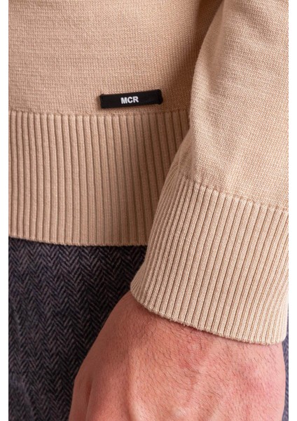 Düz Bej Rengi Slim Fit Erkek Yarım Balıkçı Yaka Kazak fırsatları