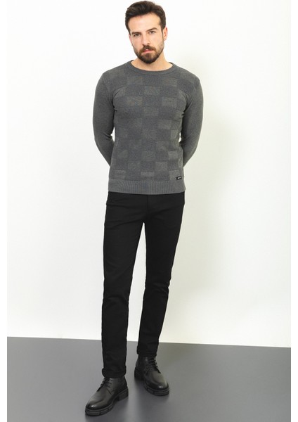 Kareli Antrasit Rengi Slim Fit Bisiklet Yaka Erkek Kazak