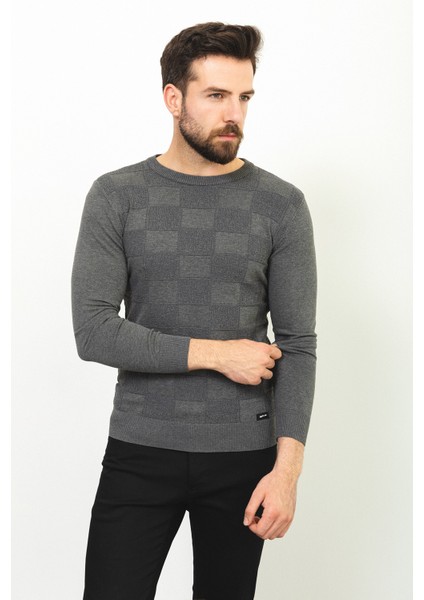 Kareli Antrasit Rengi Slim Fit Bisiklet Yaka Erkek Kazak