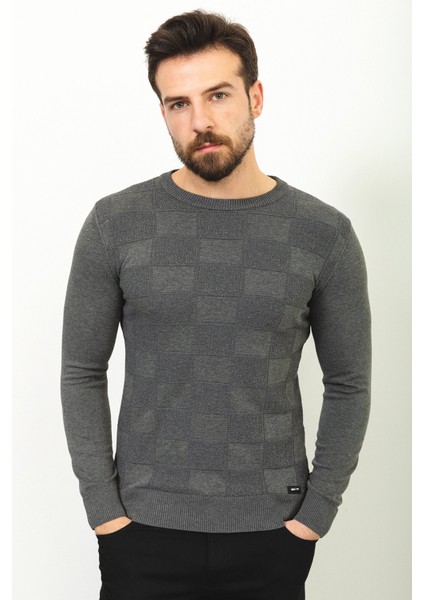 Kareli Antrasit Rengi Slim Fit Bisiklet Yaka Erkek Kazak