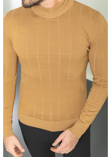 Kareli Kamel Slim Fit Yarım Balıkçı Yaka Erkek Triko Kazak