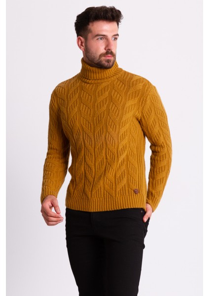 Örgülü Tütün Rengi Slim Fit Erkek Tam Balıkçı Yaka Yün Kazak