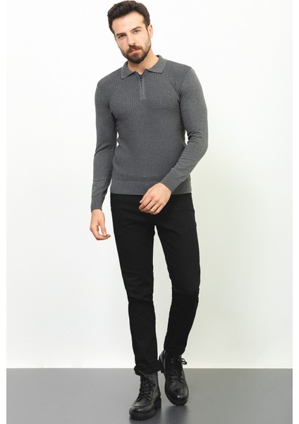Kareli Antrasit Slim Fit Fermuarlı Polo Yaka Erkek Triko Kazak