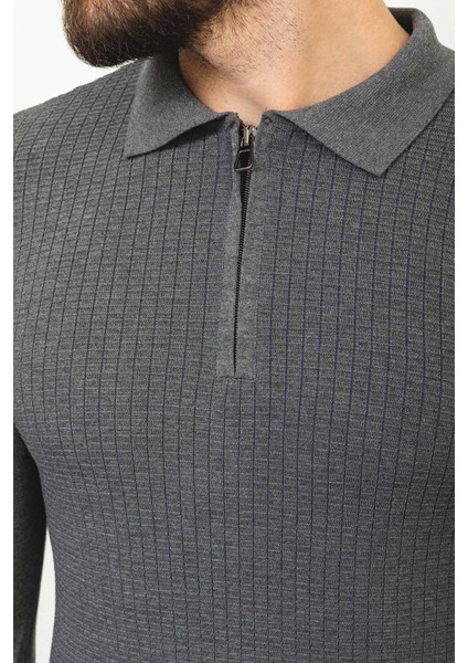 Kareli Antrasit Slim Fit Fermuarlı Polo Yaka Erkek Triko Kazak