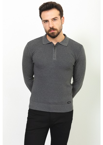 Kareli Antrasit Slim Fit Fermuarlı Polo Yaka Erkek Triko Kazak