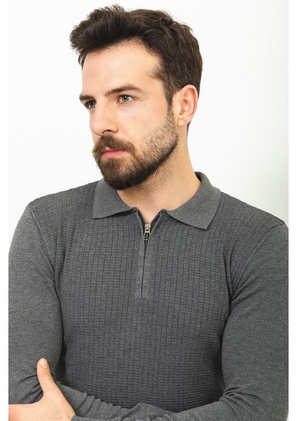 Kareli Antrasit Slim Fit Fermuarlı Polo Yaka Erkek Triko Kazak