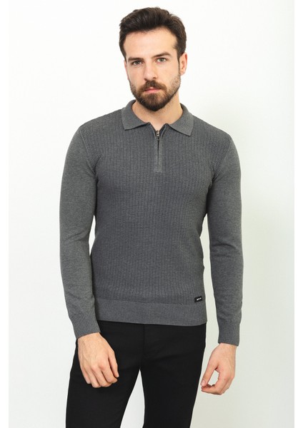Kareli Antrasit Slim Fit Fermuarlı Polo Yaka Erkek Triko Kazak