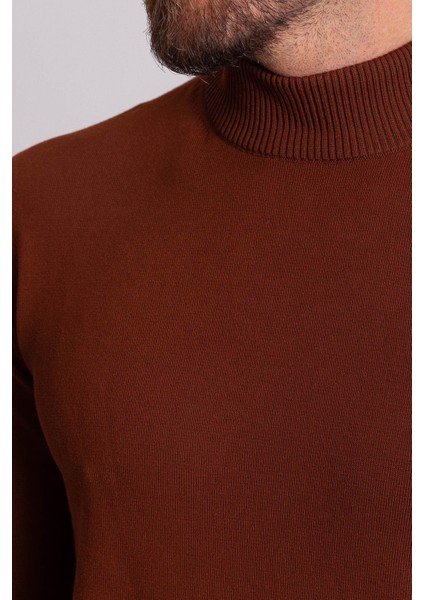 Düz Kahverengi Slim Fit Erkek Yarım Balıkçı Yaka Kazak fiyatları