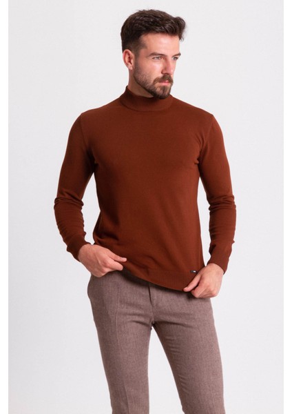 Düz Kahverengi Slim Fit Erkek Yarım Balıkçı Yaka Kazak fırsatları