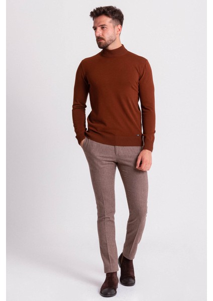 Düz Kahverengi Slim Fit Erkek Yarım Balıkçı Yaka Kazak indirimleri