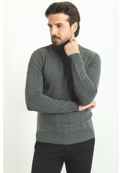 Kareli Antrasit Slim Fit Yarım Balıkçı Yaka Erkek Triko Kazak