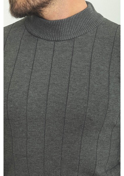 Kareli Antrasit Slim Fit Yarım Balıkçı Yaka Erkek Triko Kazak