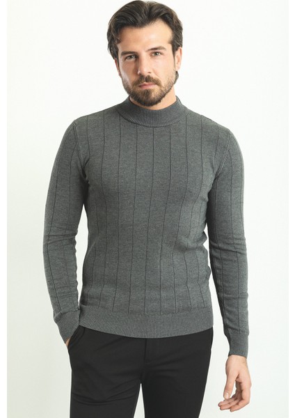 Kareli Antrasit Slim Fit Yarım Balıkçı Yaka Erkek Triko Kazak