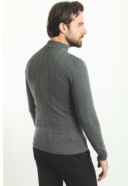 Kareli Antrasit Slim Fit Yarım Balıkçı Yaka Erkek Triko Kazak