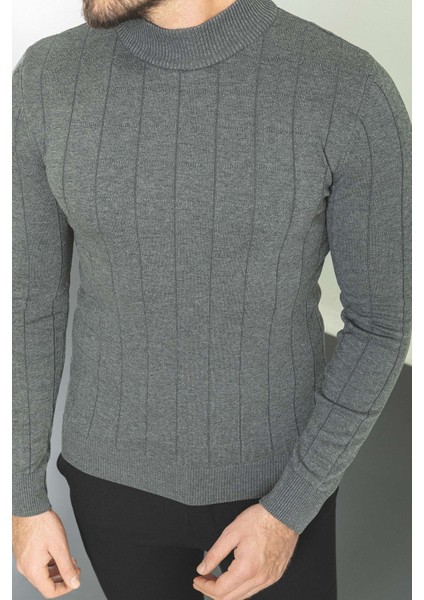 Kareli Antrasit Slim Fit Yarım Balıkçı Yaka Erkek Triko Kazak