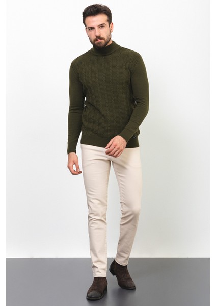 Desenli Haki Rengi Slim Fit Yarım Balıkçı Yaka Yün Erkek Kazak