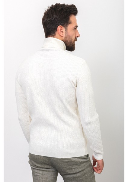 Çizgili Beyaz Renk Slim Fit Yarım Balıkçı Yaka Yün Erkek Kazak fırsatları