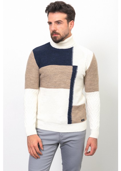 Parçalı Beyaz Renk Slim Fit Tam Balıkçı Yaka Yün Erkek Kazak