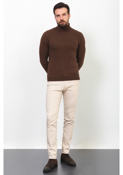 Desenli Kahverengi Slim Fit Tam Balıkçı Yaka Yün Erkek Kazak