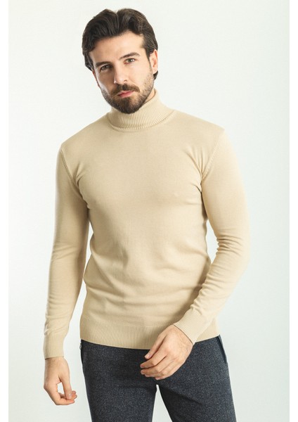 Düz Bej Rengi Slim Fit Tam Balıkçı Yaka Erkek Kazak