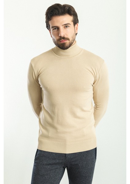 Düz Bej Rengi Slim Fit Tam Balıkçı Yaka Erkek Kazak modelleri