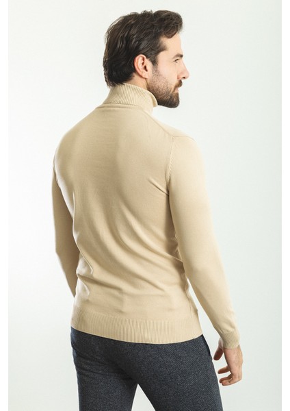 Düz Bej Rengi Slim Fit Tam Balıkçı Yaka Erkek Kazak fırsatları