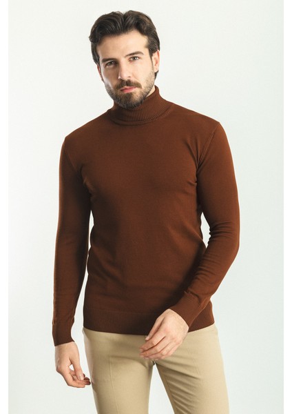 Düz Kiremit Rengi Slim Fit Tam Balıkçı Yaka Erkek Kazak