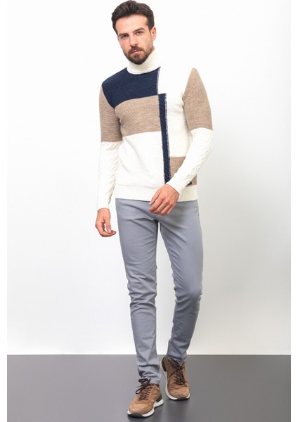 Parçalı Beyaz Renk Slim Fit Tam Balıkçı Yaka Yün Erkek Kazak
