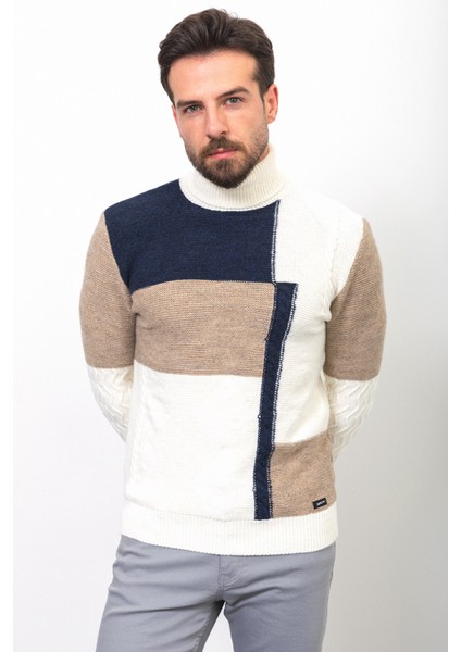 Parçalı Beyaz Renk Slim Fit Tam Balıkçı Yaka Yün Erkek Kazak
