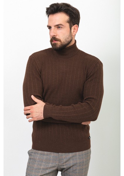 Çizgili Kahverengi Slim Fit Yarım Balıkçı Yaka Yün Erkek Kazak modelleri