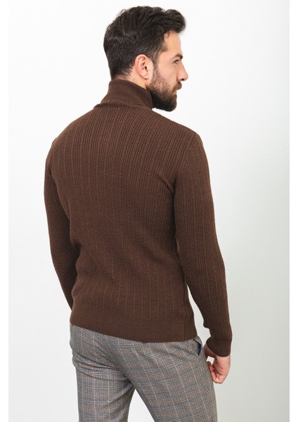 Çizgili Kahverengi Slim Fit Yarım Balıkçı Yaka Yün Erkek Kazak fırsatları