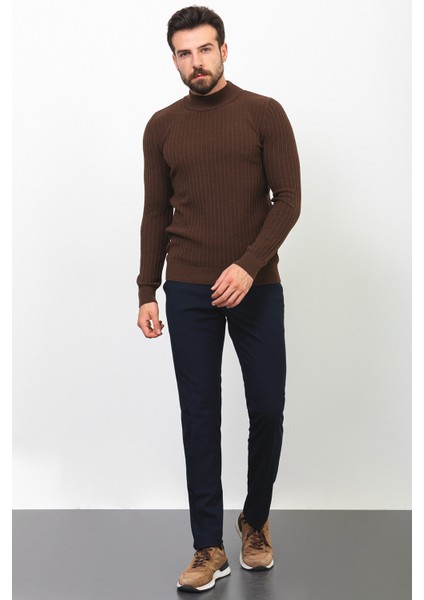 Çizgili Kahverengi Slim Fit Yarım Balıkçı Yaka Yün Erkek Kazak