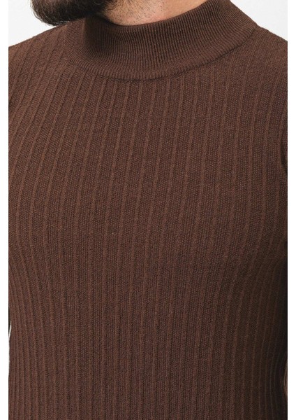 Çizgili Kahverengi Slim Fit Yarım Balıkçı Yaka Yün Erkek Kazak fiyatları