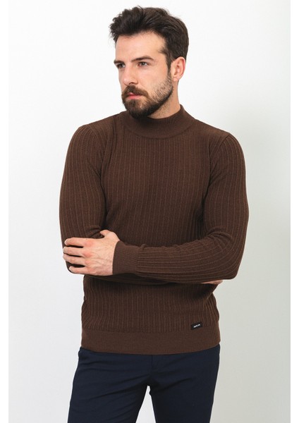 Çizgili Kahverengi Slim Fit Yarım Balıkçı Yaka Yün Erkek Kazak modelleri
