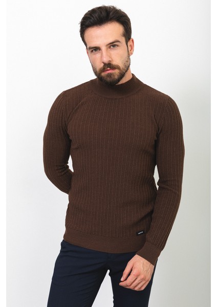 Çizgili Kahverengi Slim Fit Yarım Balıkçı Yaka Yün Erkek Kazak fırsatları