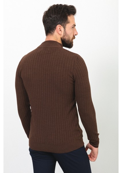 Çizgili Kahverengi Slim Fit Yarım Balıkçı Yaka Yün Erkek Kazak indirimleri