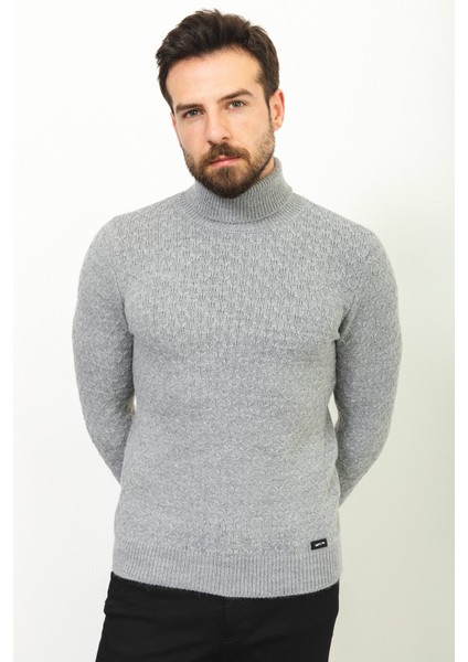 Desenli Gri Renk Slim Fit Tam Balıkçı Yaka Yün Erkek Kazak fiyatları