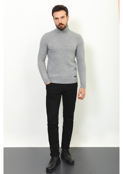 Desenli Gri Renk Slim Fit Tam Balıkçı Yaka Yün Erkek Kazak modelleri