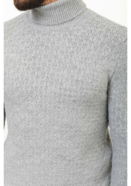 Desenli Gri Renk Slim Fit Tam Balıkçı Yaka Yün Erkek Kazak indirimleri