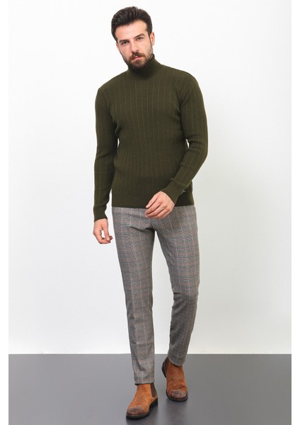 Çizgili Haki Rengi Slim Fit Yarım Balıkçı Yaka Yün Erkek Kazak