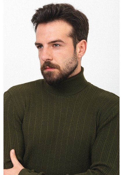 Çizgili Haki Rengi Slim Fit Yarım Balıkçı Yaka Yün Erkek Kazak