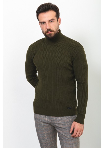 Çizgili Haki Rengi Slim Fit Yarım Balıkçı Yaka Yün Erkek Kazak