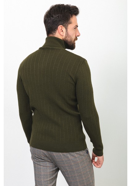 Çizgili Haki Rengi Slim Fit Yarım Balıkçı Yaka Yün Erkek Kazak