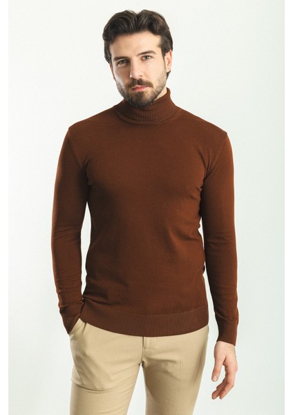 Düz Kiremit Rengi Slim Fit Tam Balıkçı Yaka Erkek Kazak