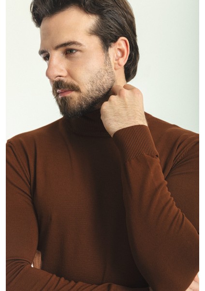 Düz Kiremit Rengi Slim Fit Tam Balıkçı Yaka Erkek Kazak fiyatları